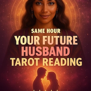Può includere: Illustrazione digitale di una donna con un copricapo gioiello, con il testo "Same Hour Your Future Husband Tarot Reading". L'immagine ha una calda tavolozza di colori, una silhouette di coppia e cinque stelle.