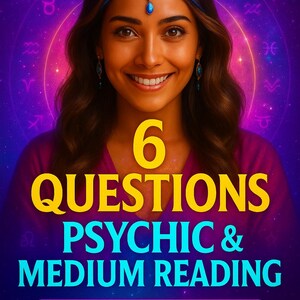 Può includere: Una pubblicità per una lettura psichica e medium. L'immagine presenta una donna sorridente con il testo "6 Questions Psychic & Medium Reading". Il testo include anche "Love, Career, Destiny" e "Same Hour Delivery."