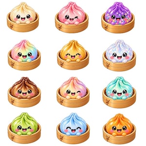 May include: A collection of twelve individual dumplings, each featuring a unique color and a smiling cartoon face, presented in a small round wooden bamboo steamer basket. The dumplings display various finishes including glitter, iridescent, and solid colors.