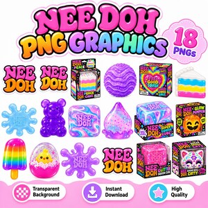 Pode incluir: Uma coleção digital de 18 gráficos PNG Nee Doh apresentando vários brinquedos de apertar, incluindo uma bola roxa texturizada, um picolé arco-íris, um pintinho em um ovo, um urso e vários itens em caixa com texto colorido e padrões.