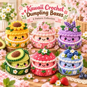6-i-1 virkmönster för dumplings, virkmönster för dumplings, kawaii amigurumi-mat, virkad plysch, ångkorg i PDF-format