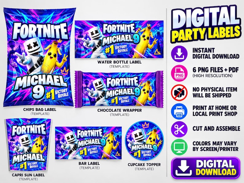 Chips Wrapper Label Fort Gaming Party Kit, Gamer Birthday Labels, Capri Sun Labels, Water ...