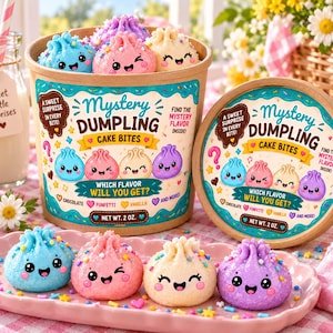 Op de afbeelding: Een kartonnen bakje en deksel met het label Mystery Dumpling Cake Bites met een nettogewicht van 2 oz, voorzien van kleurrijke cartoon-dumplings. Vier kleine, ronde, pastelkleurige cakehapjes met lachende gezichtjes liggen op een roze dienblad.