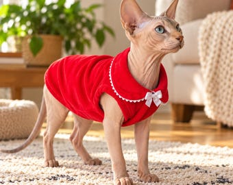 Rood velours huisdierhemd voor katten en kleine honden, zachte Sphynx-kleding