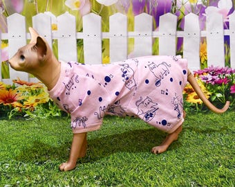 Cat Pajama with Sleeves and Zipper – Soft Knitted Cotton Cat Clothes, Cozy Pet Sleepwear