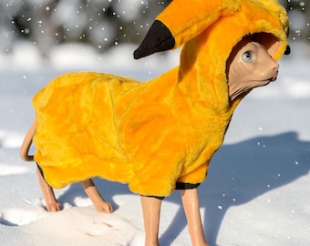 Sphynxkat kostuum met capuchon, pluche gele oren, warme pyjama (gemaakt in de VS)