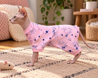 Kattenpyjama met mouwen en rits – Zachte gebreide katoenen kattenkleding, comfortabele slaapkleding voor huisdieren