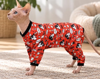 Kattenpyjama – Cartoonmuisprint, katoenen herstelpak met ritssluiting aan de achterkant