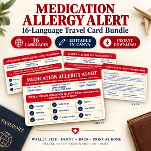 May include: A digital 16-language medication allergy alert travel card bundle featuring editable templates. The cards display traveler name, emergency contact, and a checklist of medications like Penicillin, NSAIDs, and Opioids in red and white.