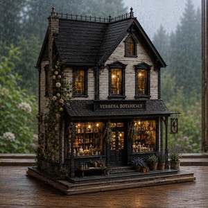 Puede incluir: Un modelo de tienda en miniatura de dos pisos titulado Verbena Botanicals con techo de tejas oscuras, revestimiento blanco y ventanas iluminadas. El exterior presenta enredaderas, plantas en macetas y un letrero sobre una base de madera.