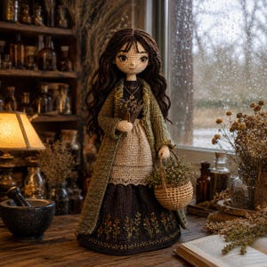 May include: A handcrafted crochet doll with long brown hair, wearing a dark brown skirt with floral embroidery, a beige apron, and a long olive green cardigan. The doll holds a small woven basket filled with dried herbs and a small bouquet of flowers.