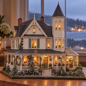 May include: A detailed miniature dollhouse featuring a white exterior with dark gray shingled roofs, a wrap-around porch, and a corner tower. The structure is illuminated from within, showcasing interior rooms, and is decorated with climbing floral vines.