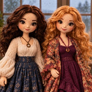 Puede incluir: Dos muñecas de ganchillo hechas a mano con cabello de hilo detallado y rasgos faciales bordados. La muñeca de la izquierda tiene cabello castaño oscuro, una blusa blanca de manga larga y una falda azul marino. La de la derecha tiene cabello pelirrojo.