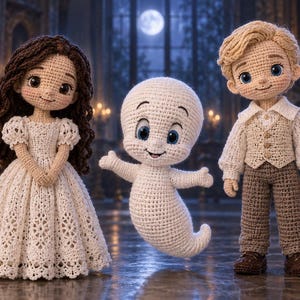 May include: Three crocheted dolls featuring a girl with long brown hair in a white lace dress, a small white ghost with large blue eyes, and a boy with blonde hair wearing a white shirt, beige waistcoat, brown trousers, and brown shoes.