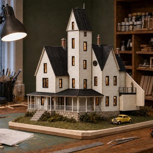 Puede incluir: Una maqueta detallada de una casa de varias plantas con revestimiento blanco, tejado negro y ventanas iluminadas. La estructura cuenta con un porche, una base de piedra y un pequeño coche amarillo aparcado sobre la base de césped.