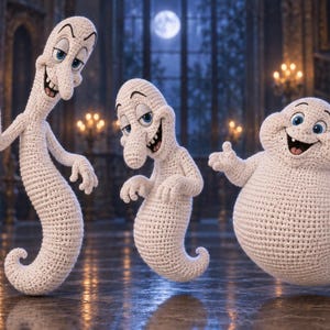 May include: Three off-white crocheted ghost figures with distinct facial expressions. The left figure is tall and slender, the middle figure is medium-sized with a prominent nose, and the right figure is round and stout. All have blue eyes and wide smiles.