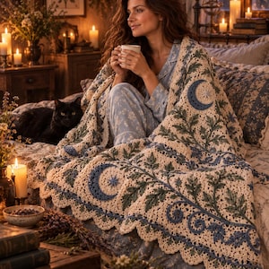 May include: A cream-colored crochet blanket featuring intricate blue and green botanical patterns, including leafy vines and crescent moon motifs. The blanket has a scalloped edge and is draped over a bed, showcasing detailed yarn work and texture.