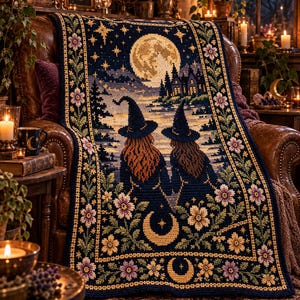 May include: A rectangular crochet blanket featuring a dark blue background with a central scene of two figures in pointed hats looking at a full moon over a lake and forest. The border is decorated with yellow stars and purple floral patterns.