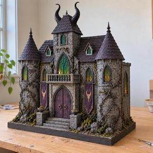 May include: A miniature stone castle model featuring dark gray textured walls, two tall towers with pointed roofs, and a central structure topped with two curved horns. The facade includes purple double doors, green stained glass windows, and banners.
