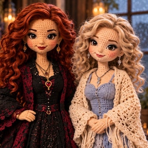 May include: Two handcrafted crochet dolls with detailed facial features and long curly hair. One doll has vibrant red hair and wears a black and dark red dress with a heart pendant. The other doll has blonde hair and wears a light blue dress with a cream shawl.