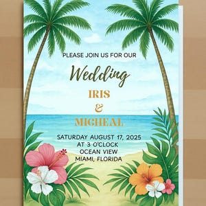 Tropical Wedding Invitation Template, Printable Destination Beach Wedding Invite, Bright & Colorful Editable Wedding Suite 5x7 Print