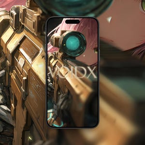 May include: A smartphone displays a digital illustration of a sniper rifle with a scope, set against a background of a character with pink hair and green eyes. The word "VOIDX" is visible on the phone screen.