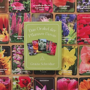 Könnte beinhalten: Ein Orakelkartenset mit floralen Illustrationen und deutschem Text. Die Box trägt die Aufschrift "Das Orakel der Pflanzen-Devas" von Gracia Schrodter. Umgebende Karten zeigen verschiedene Blumen und Sätze.
