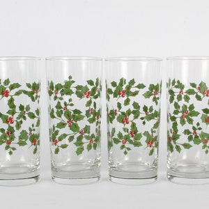 Christmas Glassware, Tumblers, Vintage Glassware, Vintage, Glassware, Barware, Water Glasses, Tom Collins, Holly & Berry Glassware, Set of 4
