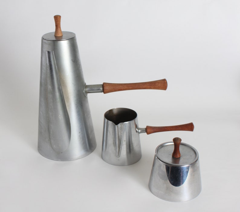 Kalmar Stainless Steel Coffee Set, Wooden Handles, Mid Century Serveware, Vintage Coffee Set, Vintage Tea Set, Made in Italy, Kalmar,5 Piece image 9