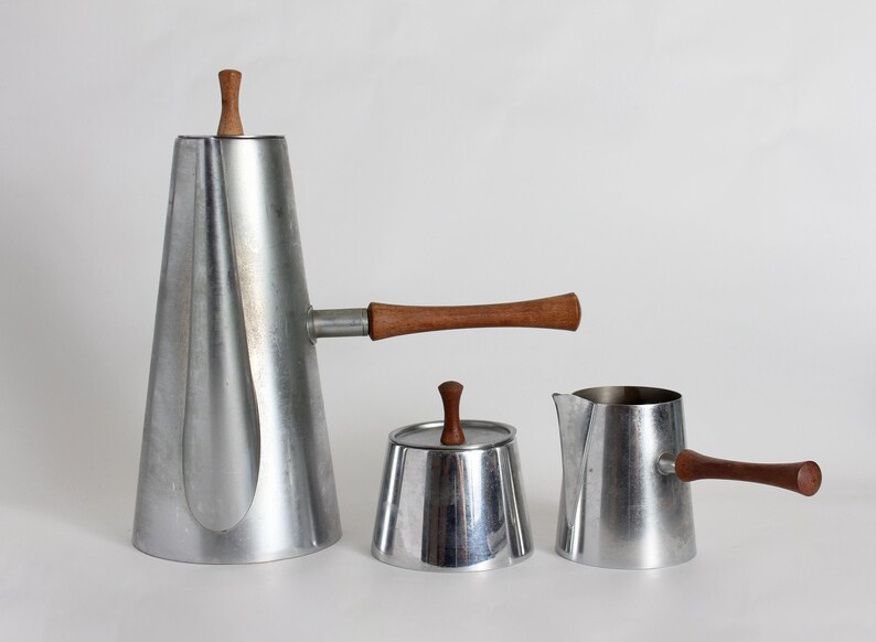 Kalmar Stainless Steel Coffee Set, Wooden Handles, Mid Century Serveware, Vintage Coffee Set, Vintage Tea Set, Made in Italy, Kalmar,5 Piece image 1