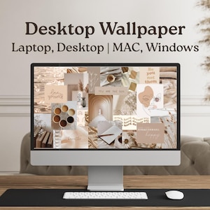 May include: A desktop computer displaying a collage-style wallpaper with inspirational quotes and neutral tones. The screen reads "Desktop Wallpaper" and "Laptop, Desktop | MAC, Windows". A white mouse sits on a black desk mat.