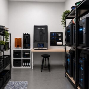 May include: A 3D printing workspace featuring an Anycubic Photon Mono M7 printer on a wooden desk, a black stool, and metal shelving units holding multiple black 3D printers, storage bins, and tools organized on a wall-mounted pegboard panel.