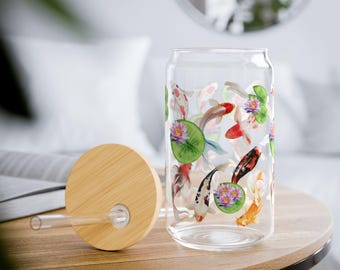 Colorful Koi Fish Sipper Glass with Bamboo Lid, Perfect for Eco-Friendly Drinks, Summer Parties, or Gift for Nature Lovers