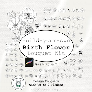 Disegni floreali per il mese di nascita / Fiori di nascita Procreate / Tatuaggio di fiori di nascita / Timbri floreali / Linea sottile / Flash linea sottile / Pennelli botanici