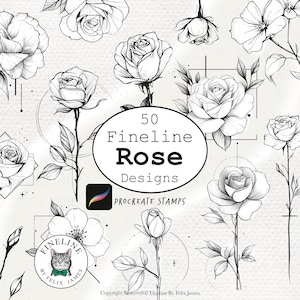 50 Fineline Rose Procreate Stamps: Tattoo Flash (Digital Download)