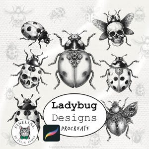 Ladybug Tattoo Flash Procreate Brushset: Fineline Insect Stamps (Digital Download)