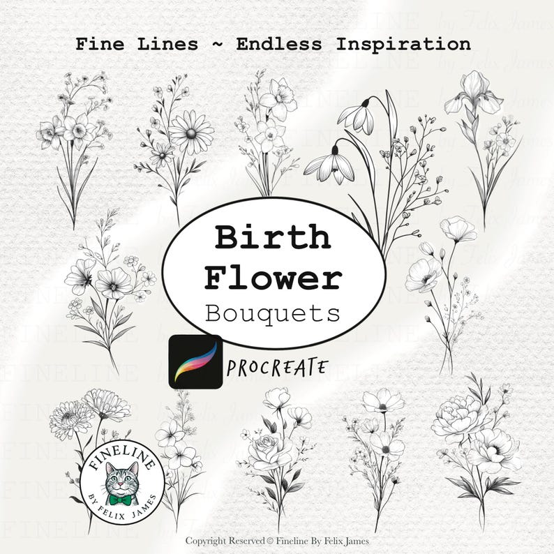 Birth Flower Bouquet Procreate Stamps | Floral Tattoo Designs (digital ...