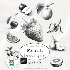 Puede incluir: Diseños de frutas en blanco y negro, incluyendo una manzana, cereza, fresa, plátano, peras, kiwi y rodaja de naranja. La imagen incluye el texto "Fine Line Fruit Designs" y "Procreate". También hay un logotipo de gato.
