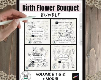Birth Month Flower Kit for Procreate | Fine Line Flowers Stamp Bundle | Fineline Tattoo