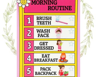 May include: A pink and yellow "Morning Routine" chart with illustrations for each step. The chart includes steps like brushing teeth, washing face, getting dressed, eating breakfast, and packing a backpack. The text "John 14:6" is at the bottom.