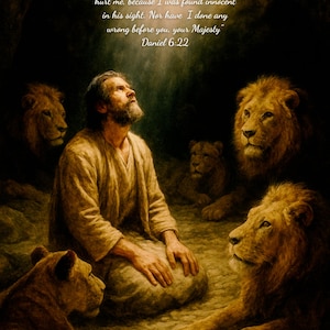 May include: A painting showing a man kneeling, surrounded by lions. The man, in tan clothing, gazes upwards. The lions, with golden manes, are positioned around him. Text from Daniel 6:22 is visible in the image.