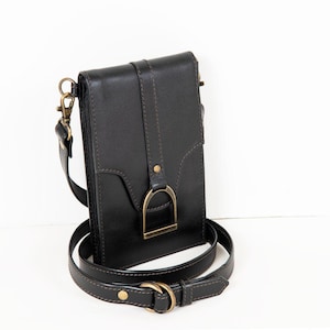 Black Italian Leather Horse Stirrup Crossbody Phone Bag