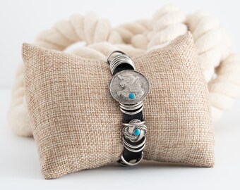 Vintage Leatherette Silver Tone Egyptian  inspired Boho Cuff Bracelet