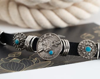 Vintage Leatherette Boho Cuff Bracelet With Silver toned Robin Hood Coin