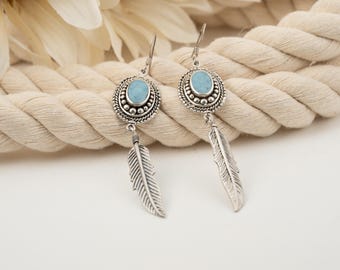 Silver Turquoise Feather Dangle Earrings
