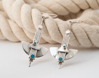 Vintage Sterling Silver Southwest Geometric Dangle Turquoise Earrings