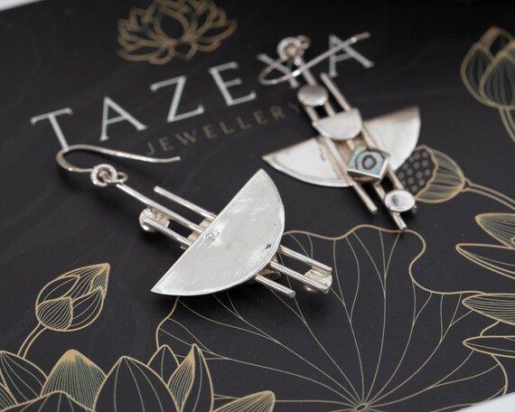 Sterling Silver Abalone Geometric Dangle Earrings… - image 7
