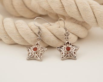 Vintage Sterling Silver Star Filigree Earrings with Red Enamel