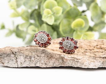 Vintage Garnet & Marcasite Sterling Silver Floral Stud Earrings