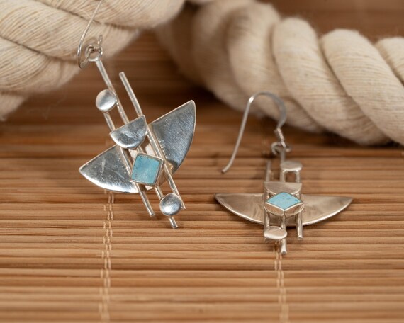 Geometric Turquoise & Silver Statement Earrings –… - image 2